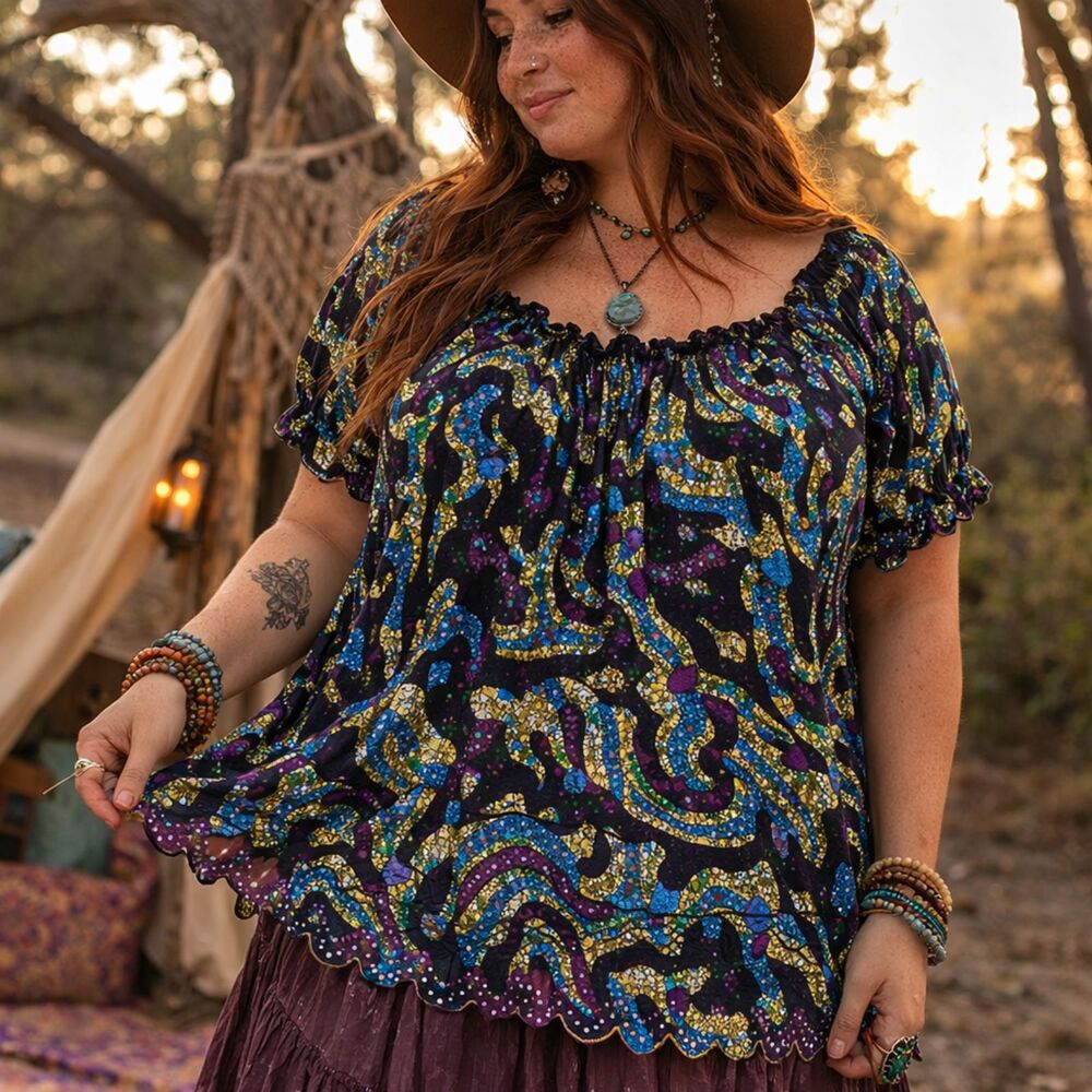 Multicolor Burnout Peasant Blouse Ruffle Neck Lightweight Y2K 2X Black Festival